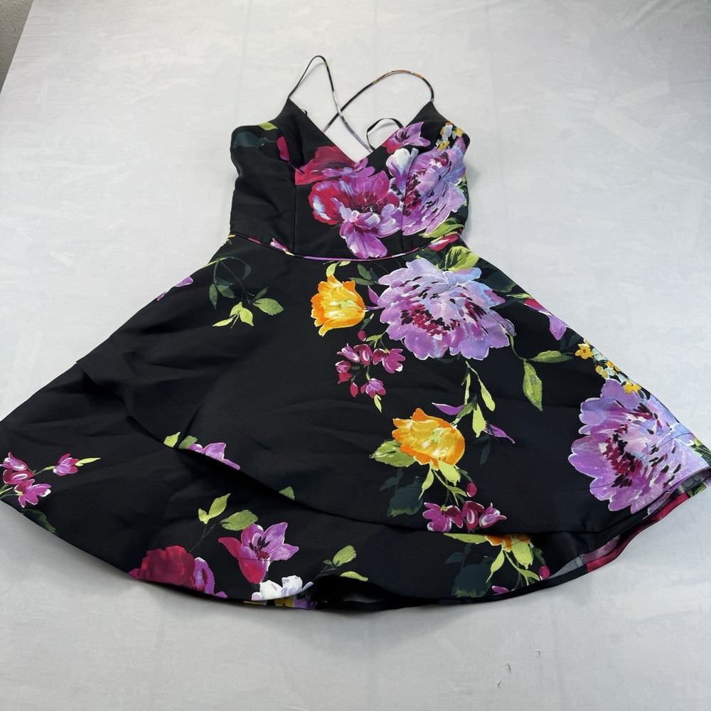 BCX Girls Size 7 Black Floral Fit & Flare Strappy Party Dress